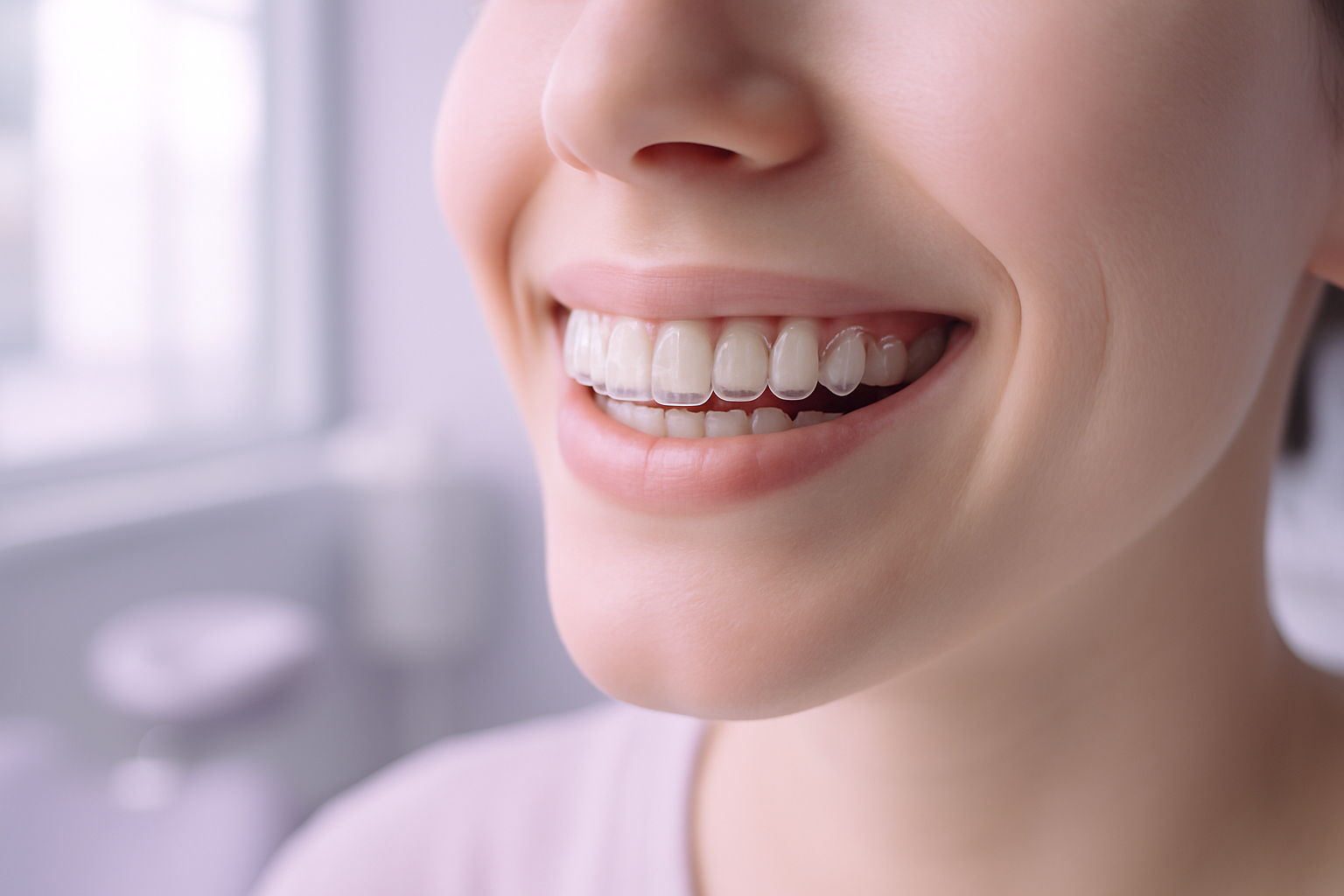 Close-up of a transparent clear aligner worn on teeth